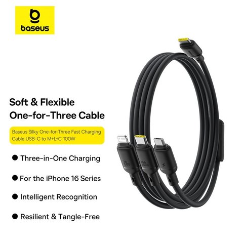 USB кабель Baseus Silky, micro-USB тип-B, Lightning, 2xUSB тип-C, 150 см, 100 Вт, черный, 3 в 1, #P10377706123-00 Превью 1