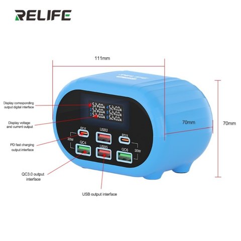 Сетевое зарядное устройство RELIFE RL-309U, 72 Вт, Quick Charge, Power Delivery (PD), серый, 6 портов Превью 3