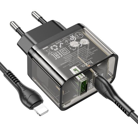 Мережевий зарядний пристрій Hoco N34, 20 Вт, Power Delivery (PD), чорний, прозорий, з кабелем USB тип-C до Lightning для Apple, 2 порта, #6931474799173 Прев'ю 3